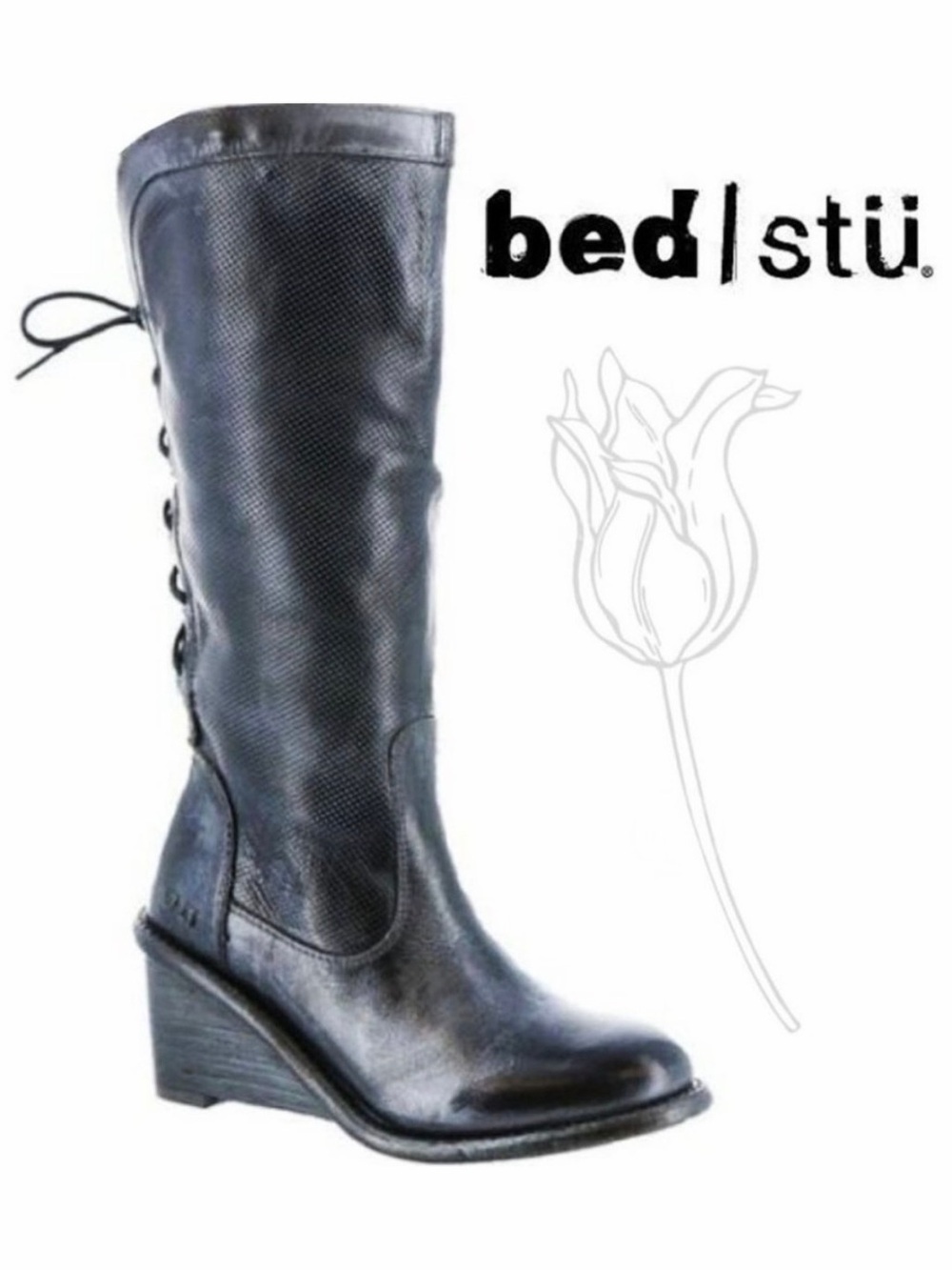 BED STU Empress Black Rustic Wedge Lace-Up Distressed Leather Tall Boots